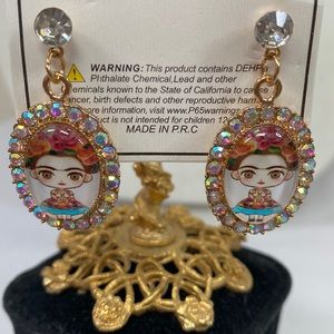 Frida Khalo drop style dangling earrings rhinestones